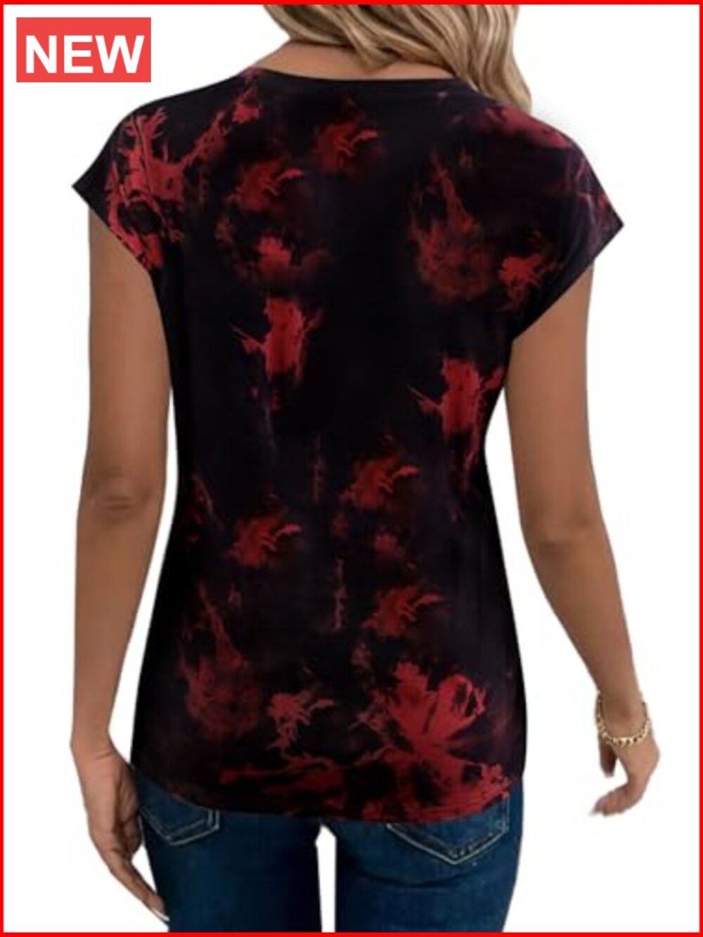 V-Neck Cap Sleeve Graphic Tee, 95% Cotton 5% Elastane, Loose Fit Summer Top - Picture 2 of 5